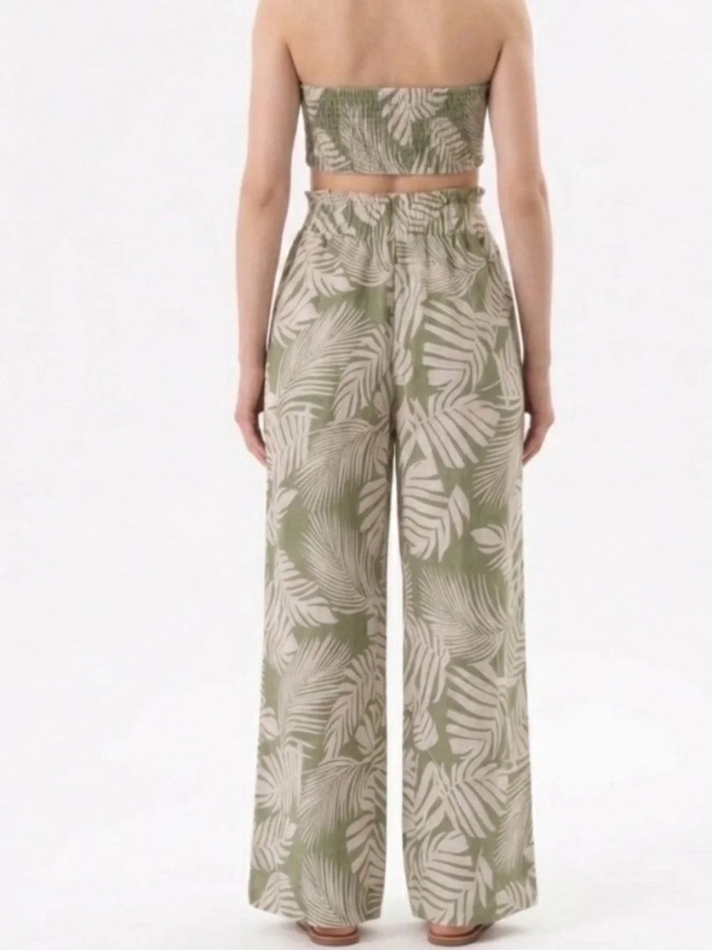 Tropical Print Tub top and Wide-Leg Pants - Olive